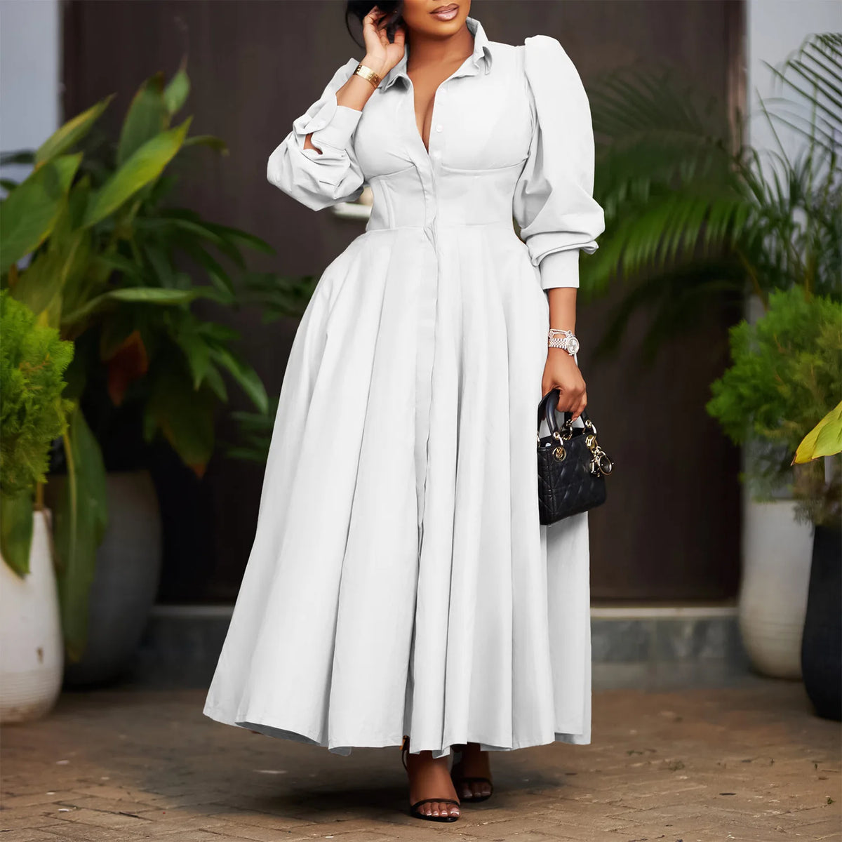 Plus Size V-Neck Long Sleeve Ankle-Length Dress for Women