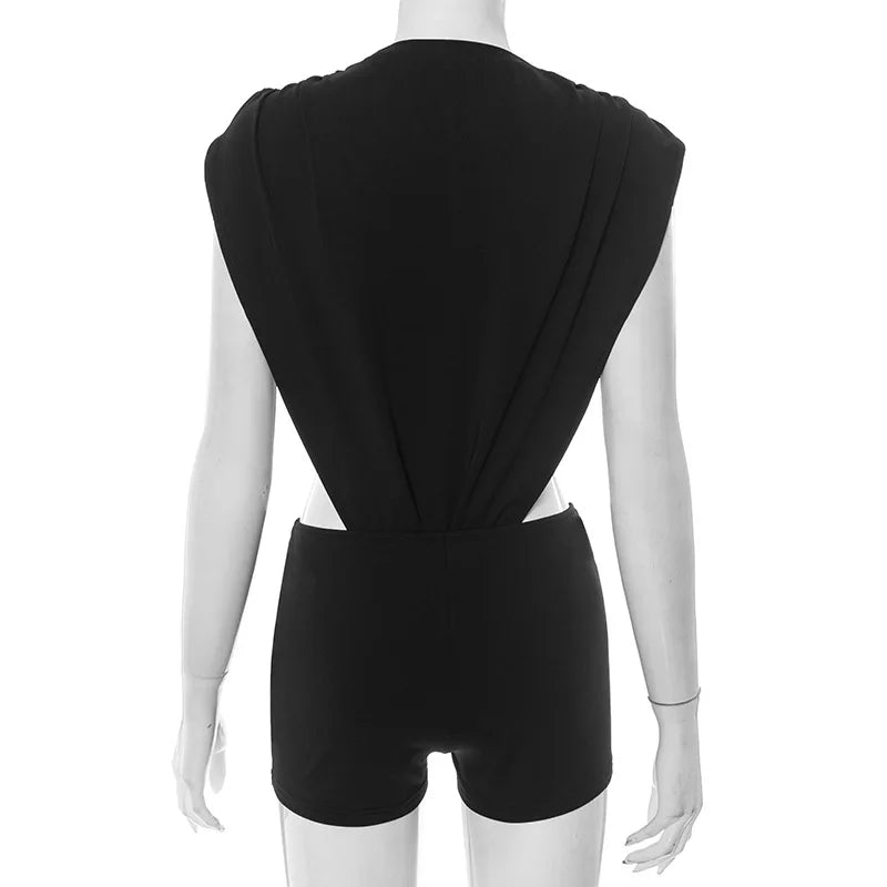 Joskaa 2025 Women's Black Two Piece Set Sexy Crew Neck Sleeveless Side Cutout Bodysuits and Bodycon Shorts Suits Y2K Streetwear
