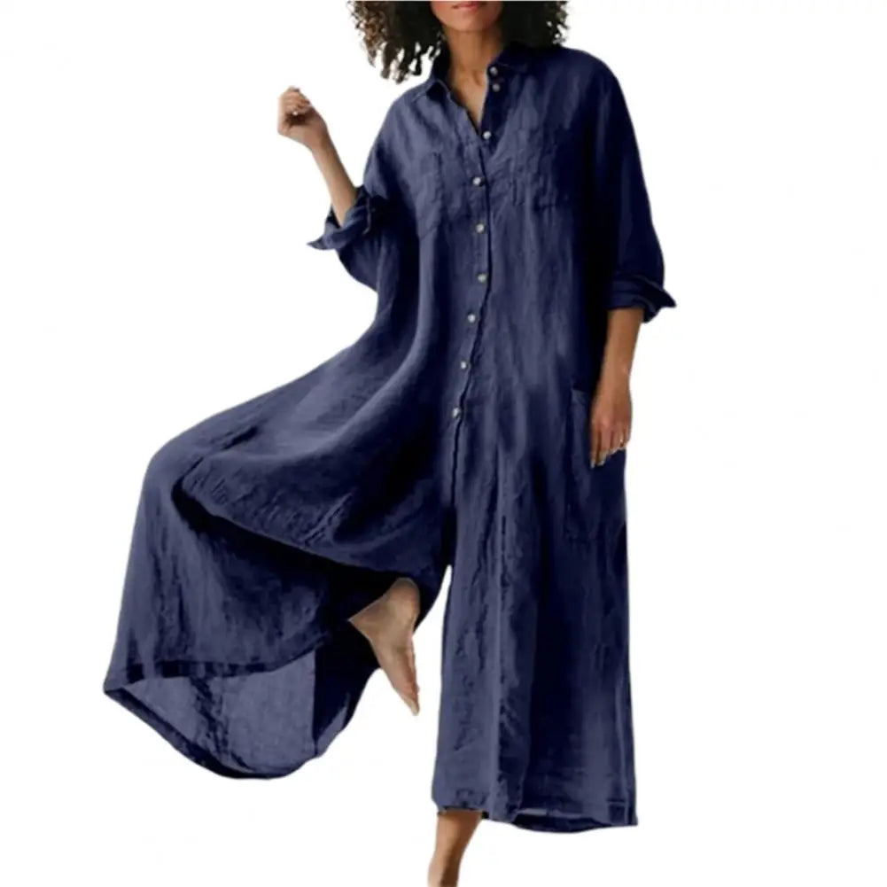 Oversized Cotton Linen Wide Leg Jumpsuit with Pockets for Women