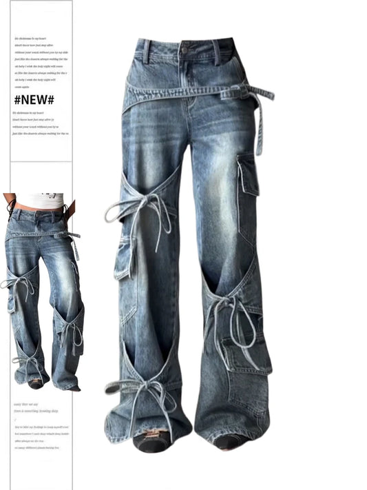 Women's Blue Baggy Y2k Cargo Jeans Harajuku Oversize Denim Trousers Japanese 2000s Style Jean Pants Trashy Vintage Clothes 2025