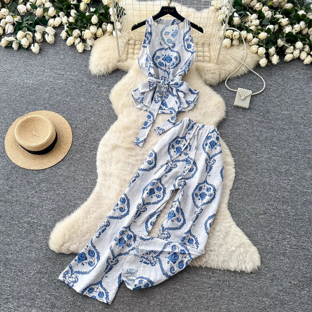 Boho Print Lace-Up Tank Top and Wide-Leg Pants Set for Women