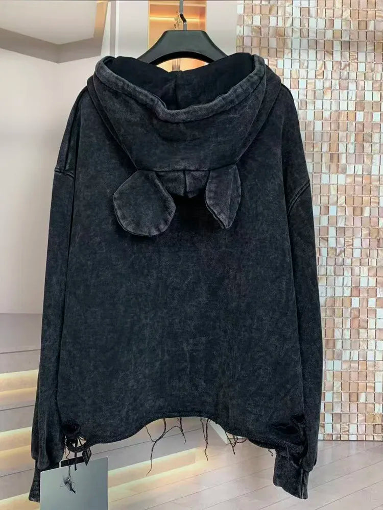 Cartoon Ears Patchwork Hooded Sweatshirt