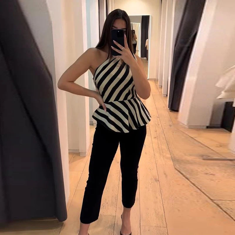 One Shoulder Striped Pleated Top With Backless Cut for Women