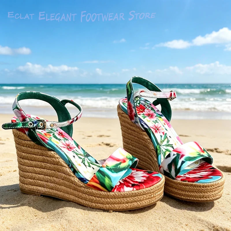 Vibrant Graffiti Print Leather Platform Wedge Sandals For Women