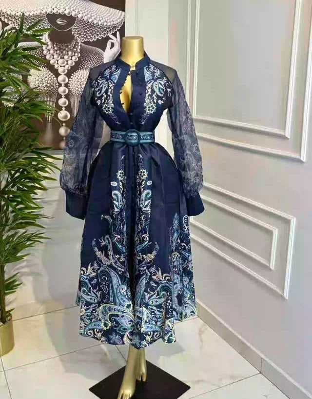 Elegant Printed Mesh Spliced A Line Maxi Dress for Women