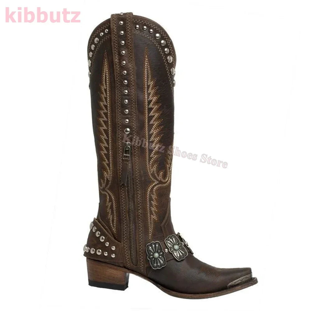 Cowboy Boots Knee High Rivet Leather Fashion Luxury Concise Elegant Sexy Pointed Toe Square Heels Side Zipper Women Shoes Newest