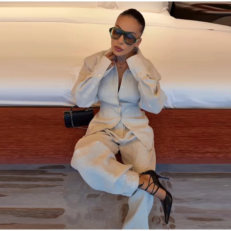 Lace Up Back Lapel Shirt and Loose Pants Set for Women