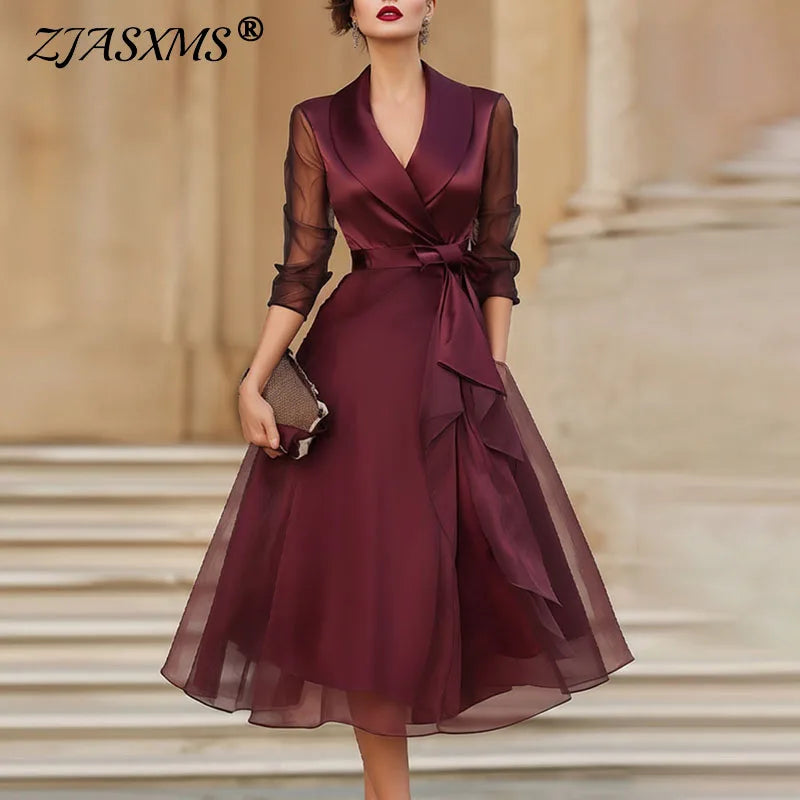 Satin A-Line Midi Dress With Sheer Sleeves for Women