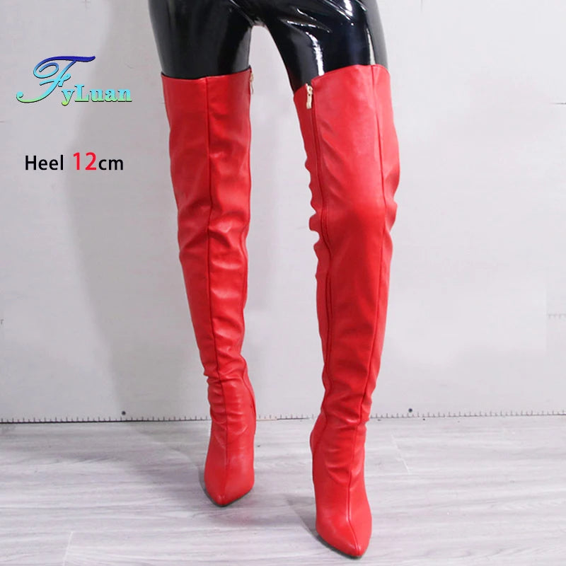 Fashion Leather Side Zipper Pointed Toe Stiletto Over The Knee Boots for Women