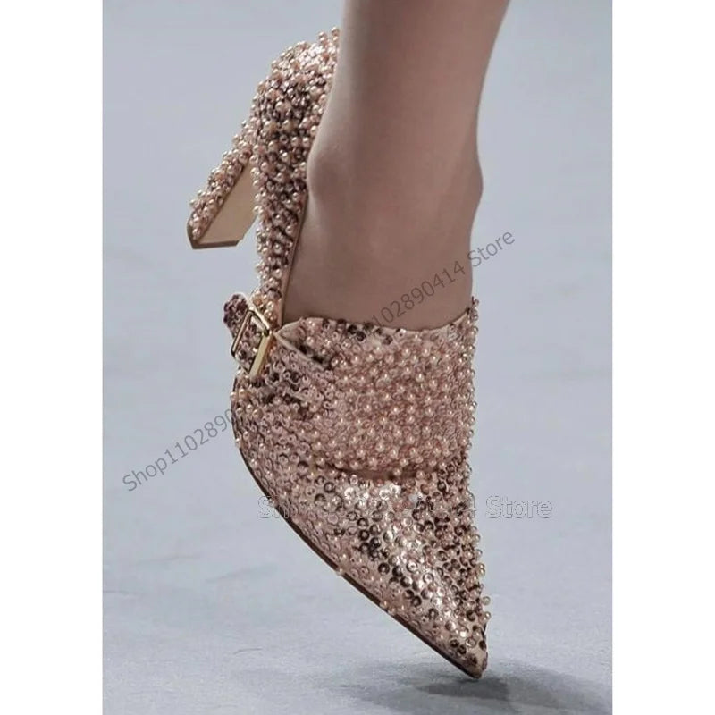 Sequined Gold Buckle Pointed Toe Chunky Heel Pumps For Women