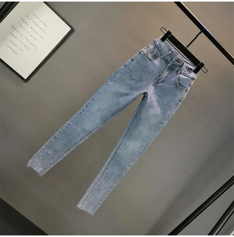 Washed Vintage Elastic Slim Light Denim Jeans for Women