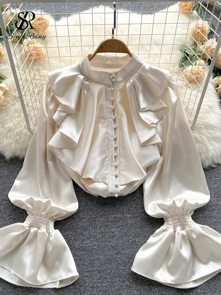 Elegant Satin Ruffle Long Sleeve Blouse for Women