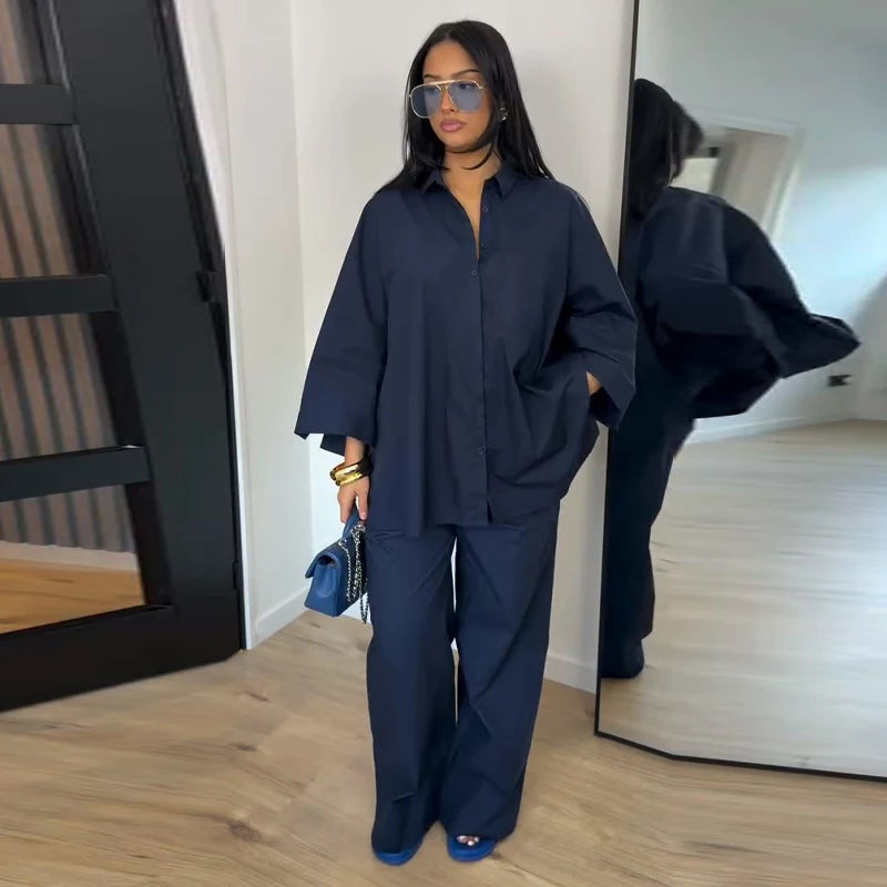 Casual Solid Shirt and Wide Leg Pants Set for Women