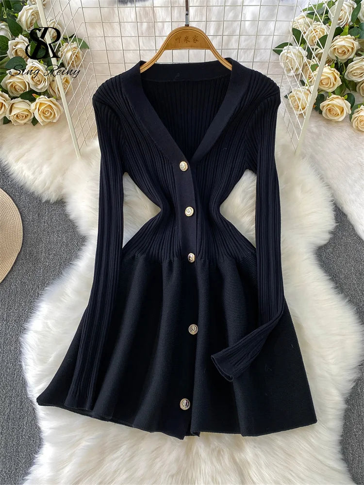 V Neck Knit A Line Long Sleeve Mini Dress for Women
