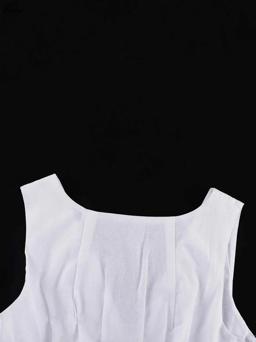 Oymimi Casual White Cotton Womens Dresses Fashion O-Neck Sleeveless Solid Dresses Elegant Open Back Ankle-Length Dress Female