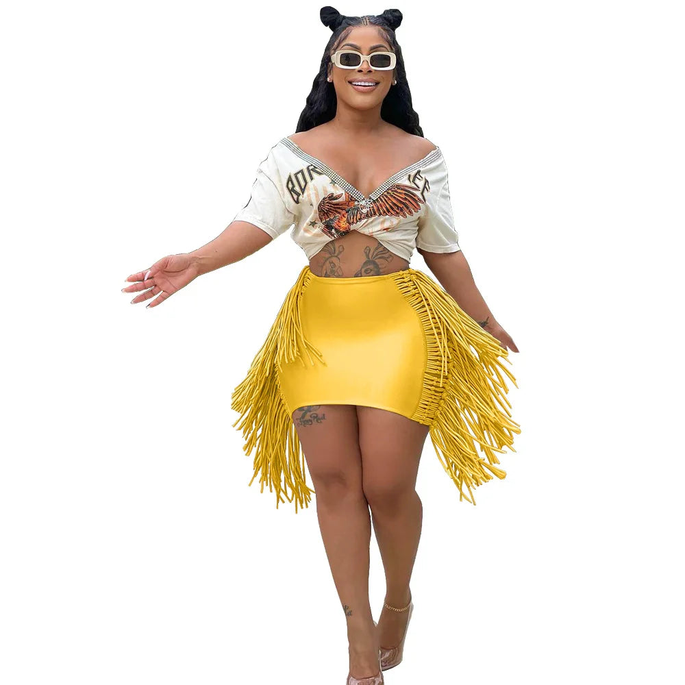 FAGADOER Sexy Tassel Bodycon Mini Skirts Party Club Outfits Women Fashion Chic Streetwear Short Birthday Holidays Skirt Solid