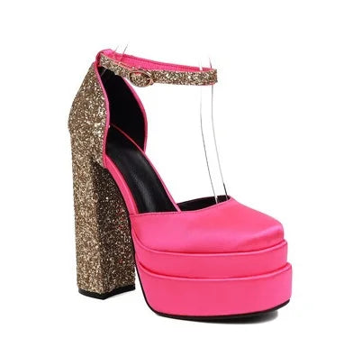 Hot Pink Ankle Strap Satin Platform Glitter Sandals for Women