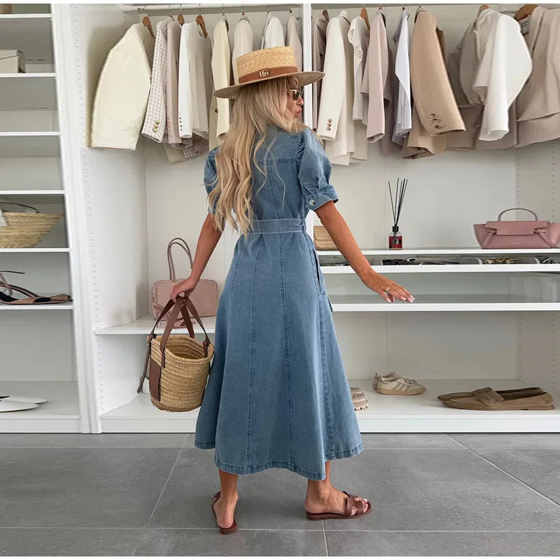 Casual A Line Single Breasted Denim Maxi Dress For Women