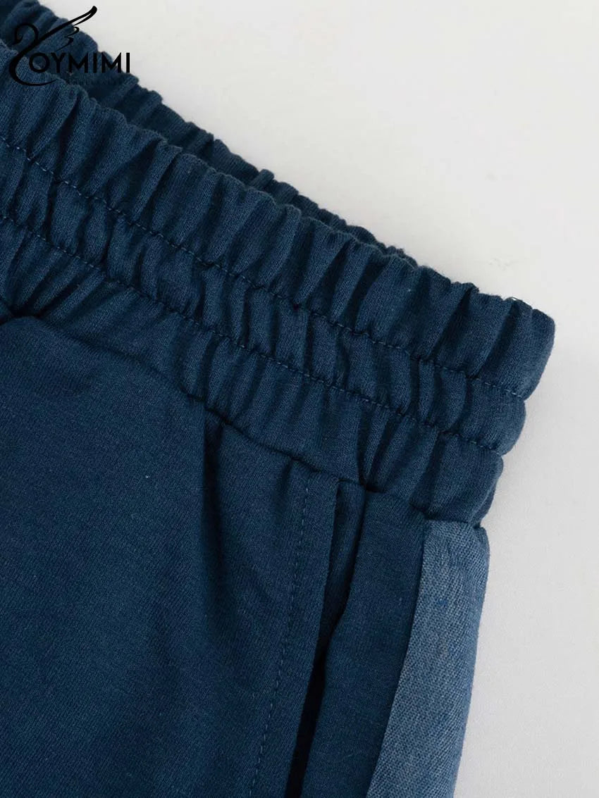 Oymimi Casual Blue Patchwork Sets For Women 2 Pieces O-Neck Long Sleeve Blouse And Drawstring Straight Sweatpants Set Streetwear