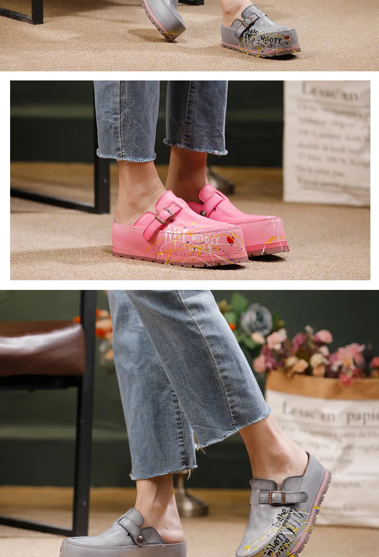 Hand Drawn Leather Platform Slippers with Round Toe for Women