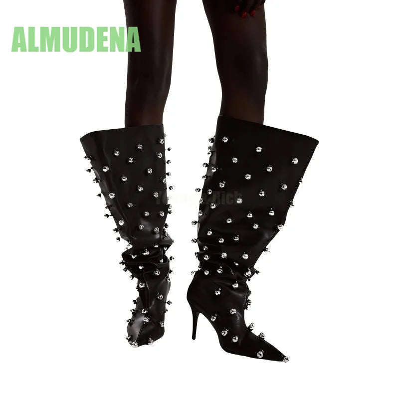 Minimalist Rivet Pointed Toe Mid Calf Stiletto Boots for Women