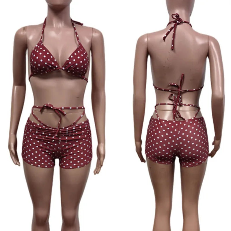 Polka Dot Lace Up Bikini Set with Briefs for Women