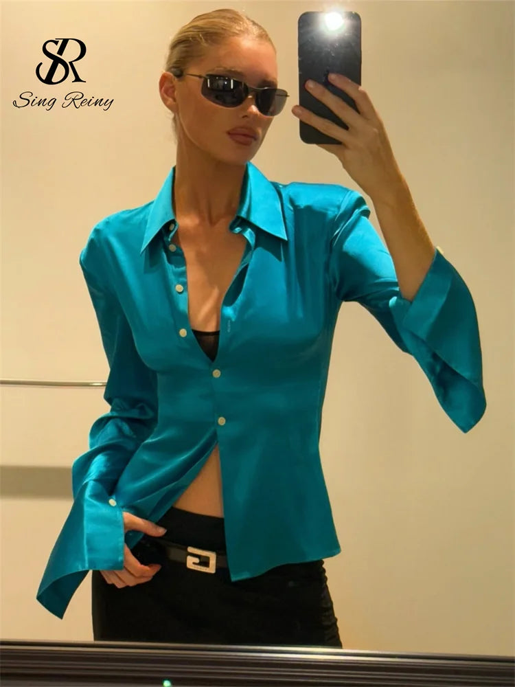Slim Fit Satin Long Sleeve Button-Up Blouse for Women