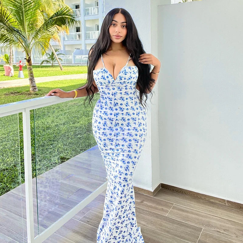 Sleeveless Floral Print Lace Up Backless Maxi Dress for Women