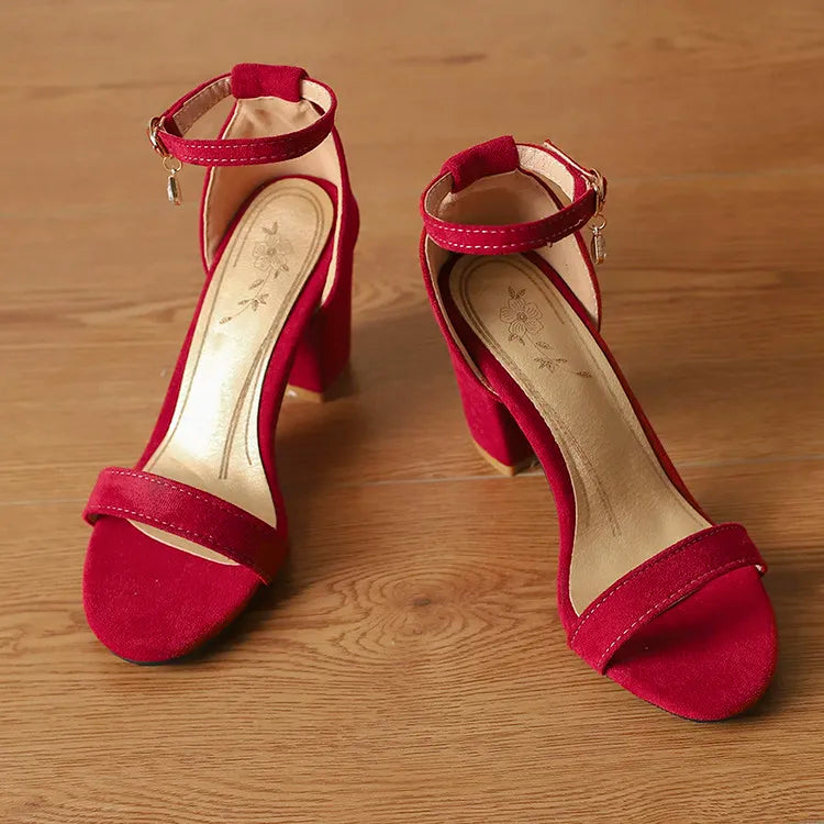 Beige Suede Rhinestone Block Heel Sandals