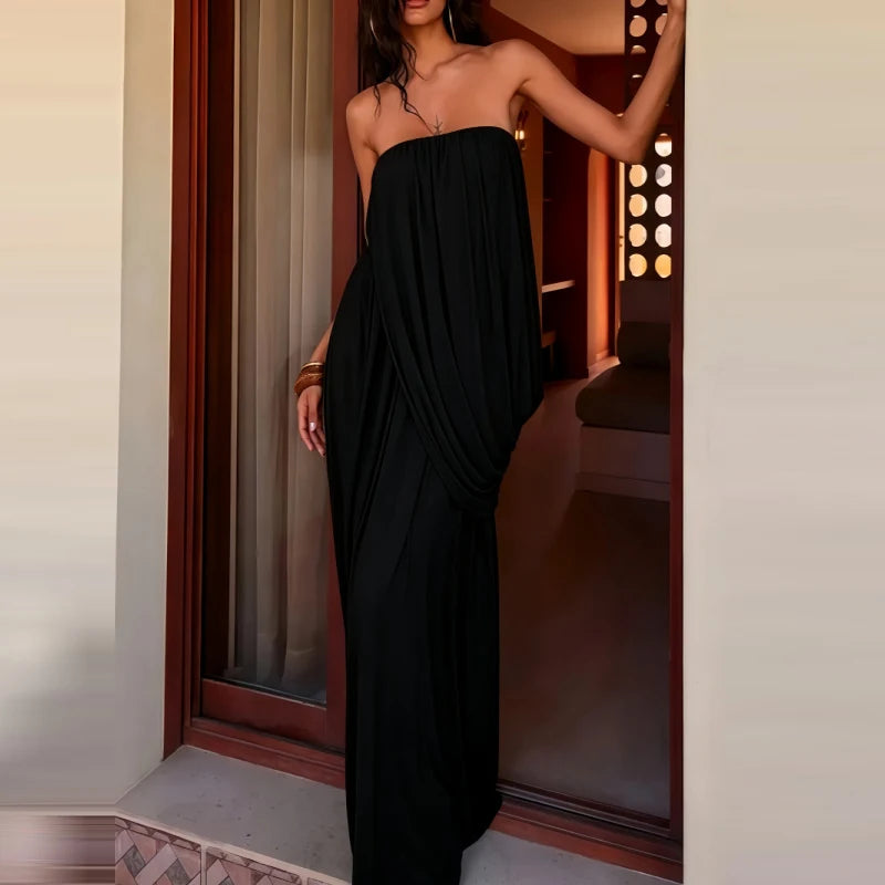 Elegant Strapless Backless Pleated Slit Maxi Dress for Women