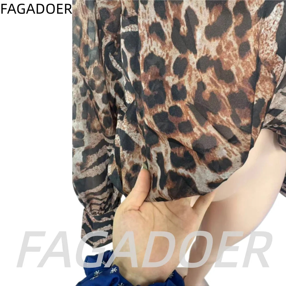 Leopard Print V Neck Batwing Sleeve Blouse for Women