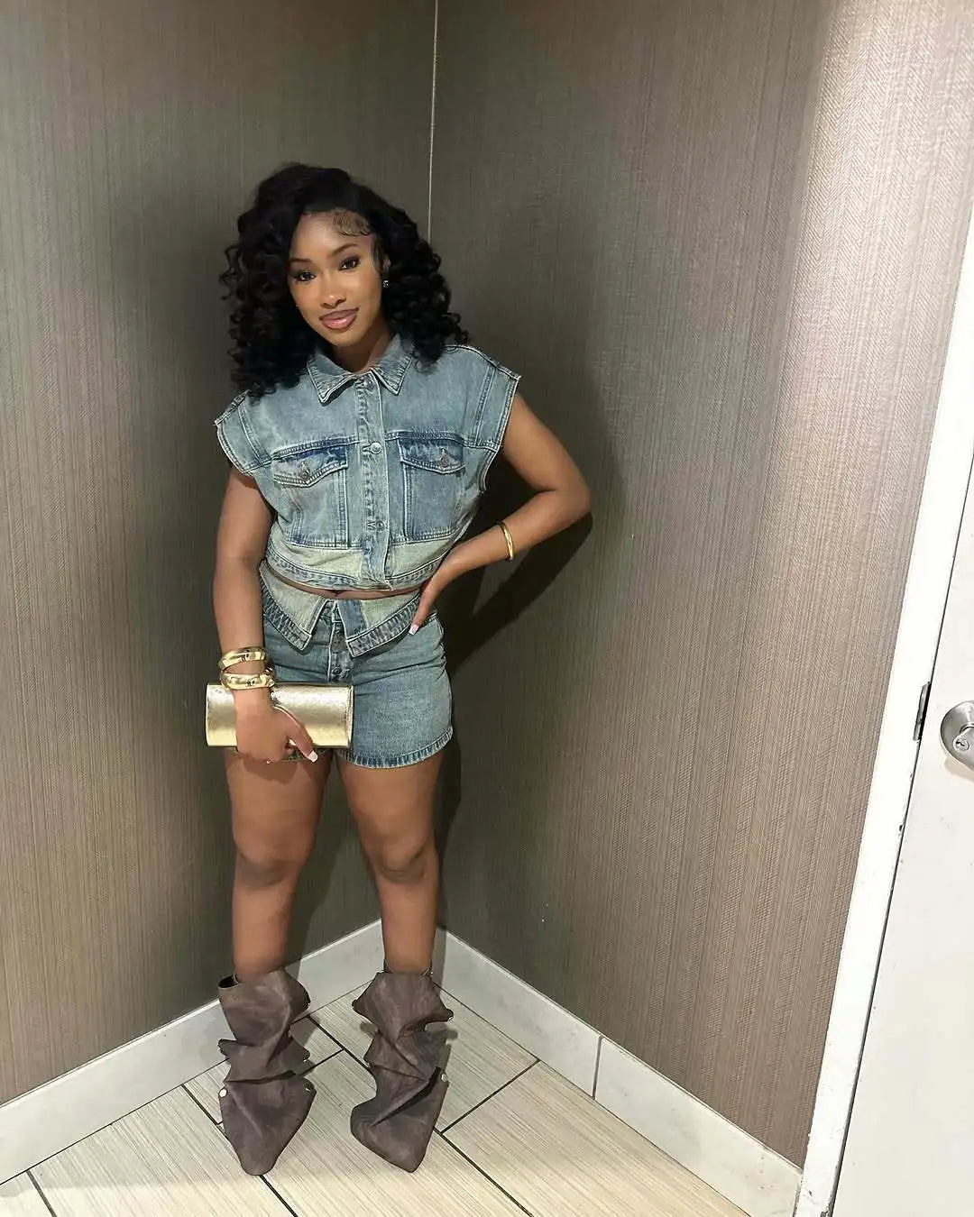 Joskaa Patchwork Stretch Denim 2 Piece Sets Women Lapel Button Pocket Tank Tops and Irregular Shorts Matching 2025 Streetwear