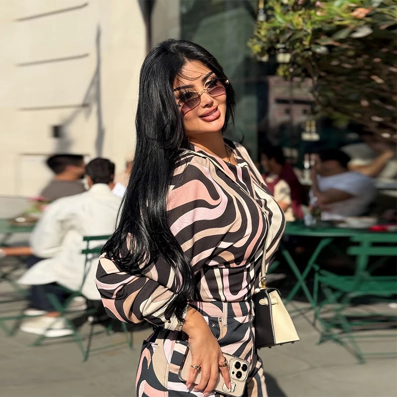 Geometric Print Top pant suits Women two pieces set round neck long sleeve Blouse loose pant Vacation Beach vacation pant outfit