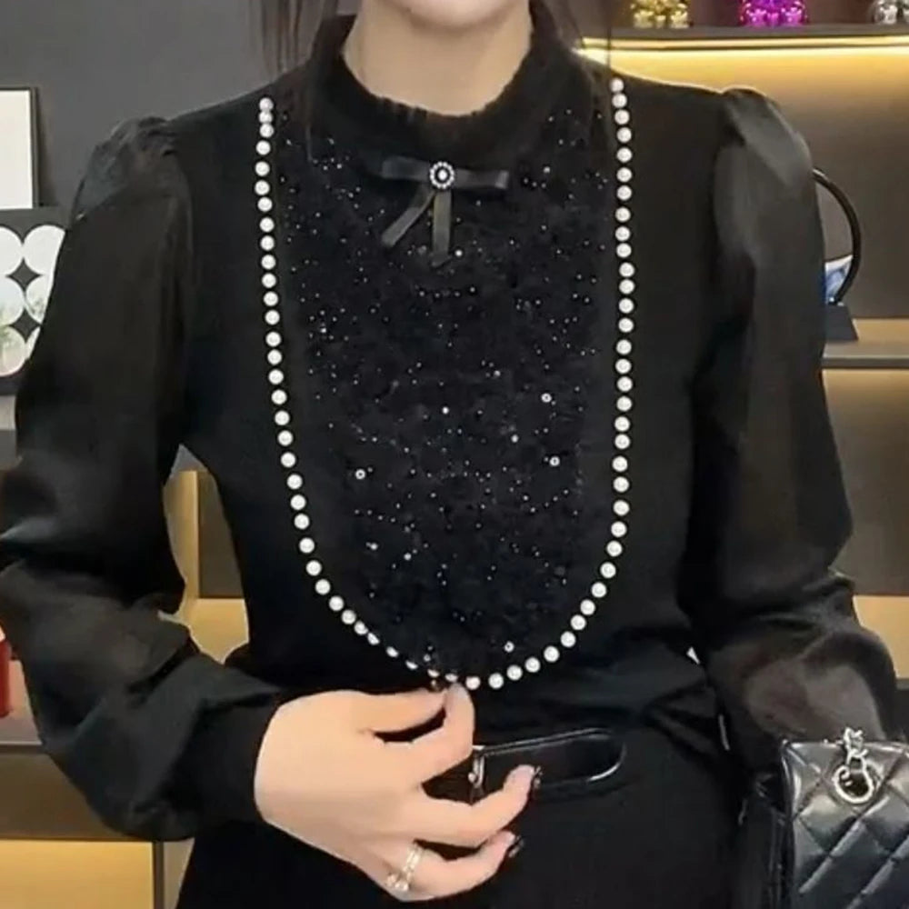 Beaded Long Sleeve O Neck Versatile Blouse For Women