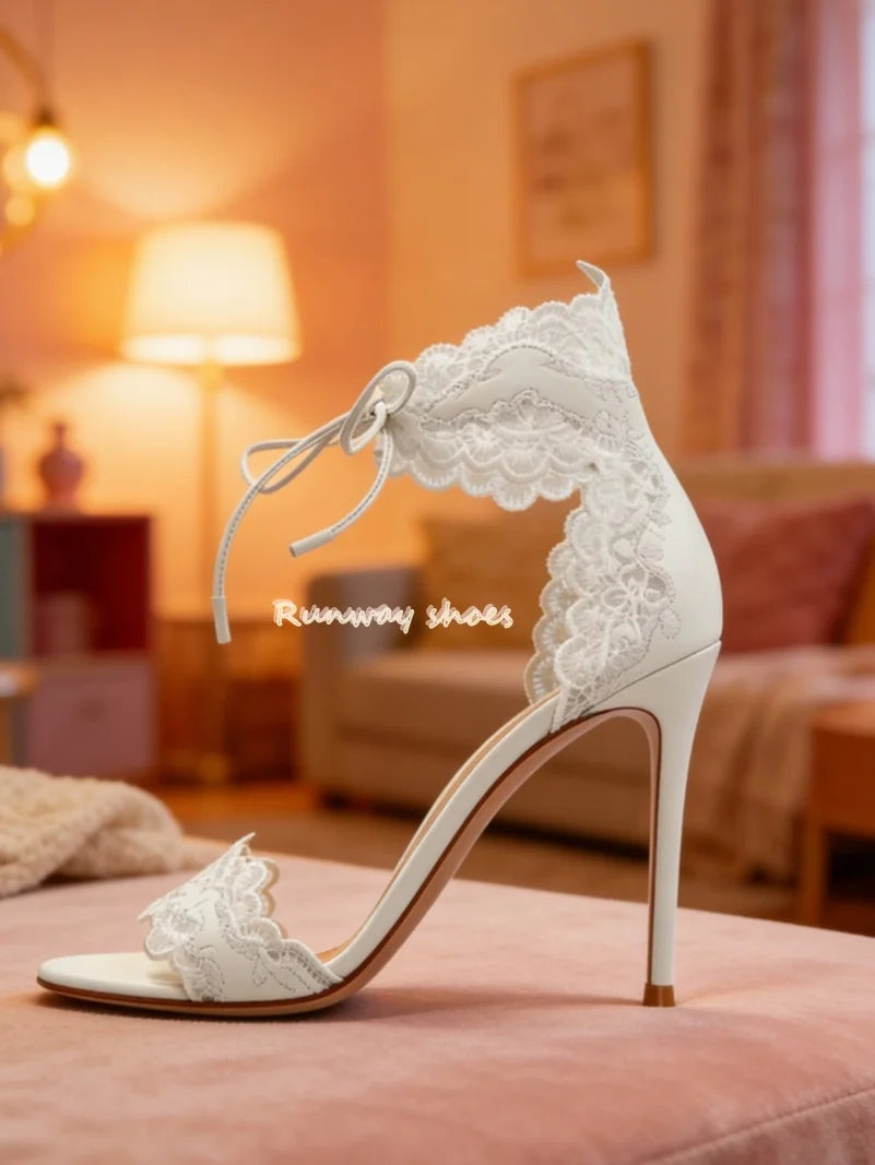 Lace Round Toe Ankle Strap White Wedding Heels for Women