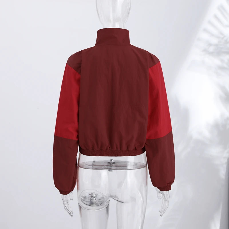 Contrast Half-Zip Stand Collar Short Jacket for Women