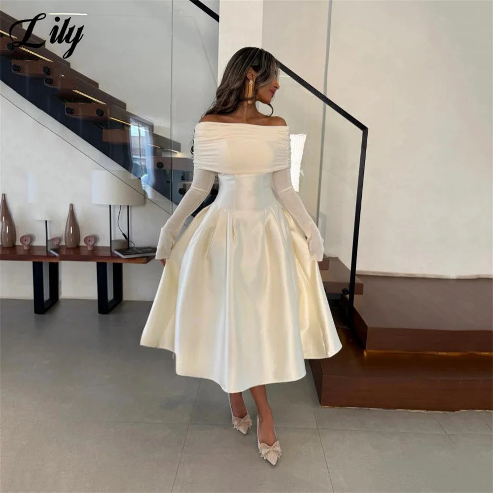 Lily White Evening Dress Off the Shoulder Prom Dresses Full Sleeves Party Formal Gown A Line robe de bal for Woman Customized