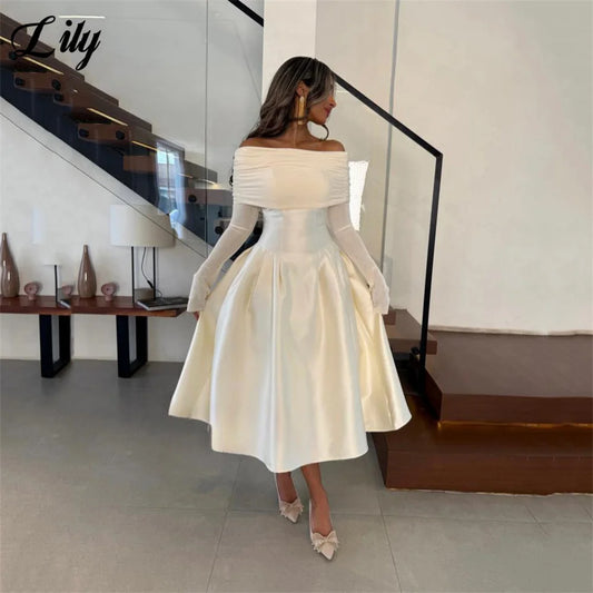 Lily White Evening Dress Off the Shoulder Prom Dresses Full Sleeves Party Formal Gown A Line robe de bal for Woman Customized