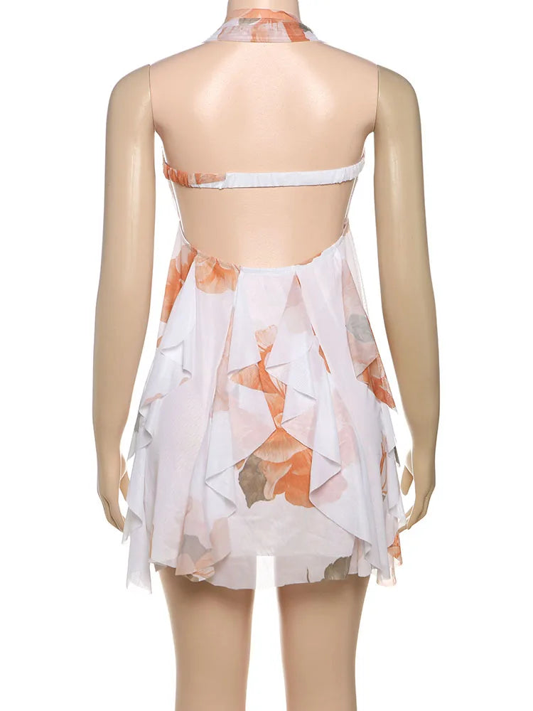 Nibber Backless Metal Starfish Dress Women Low-Nec Chest Wrap Halter Irregular Ruffles Hem Sleeveless Vacation Mini Bodycon