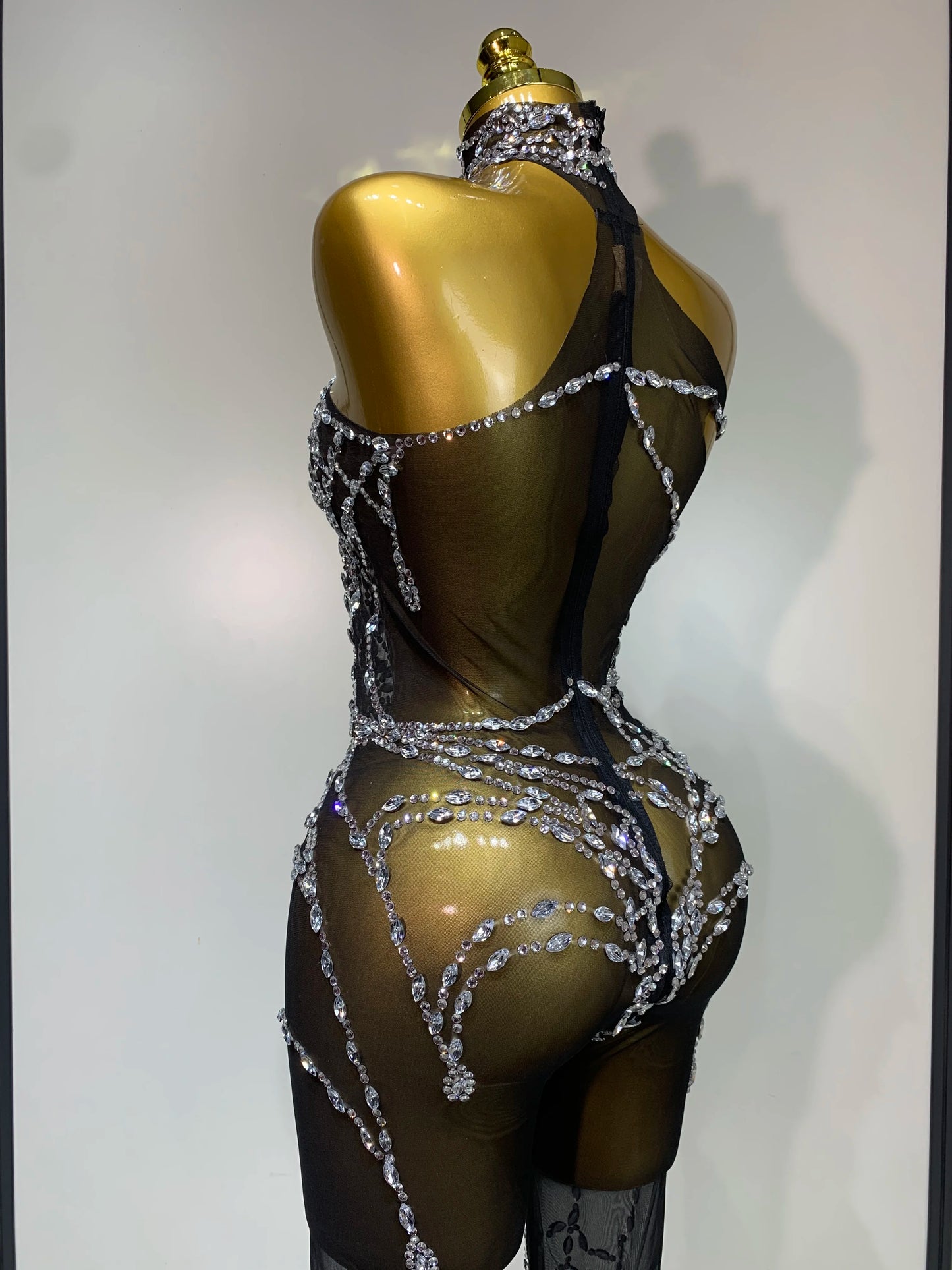 STOCK Sparkly Diamond Women Sexy Mesh Jumpsuit Nightclub Bar Party Show Gogo Dancer Clothing Drag Queen Outfit Stage Costume