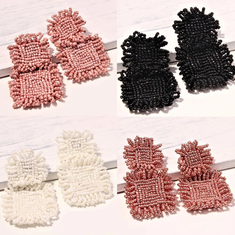 Bohemian Beaded Square Fringe Drop Earrings for Women