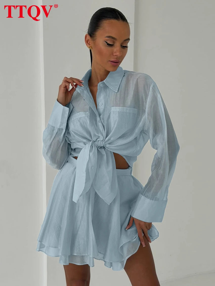 Elegant Long Sleeve Blouse and Pleated Mini Skirt Set for Women