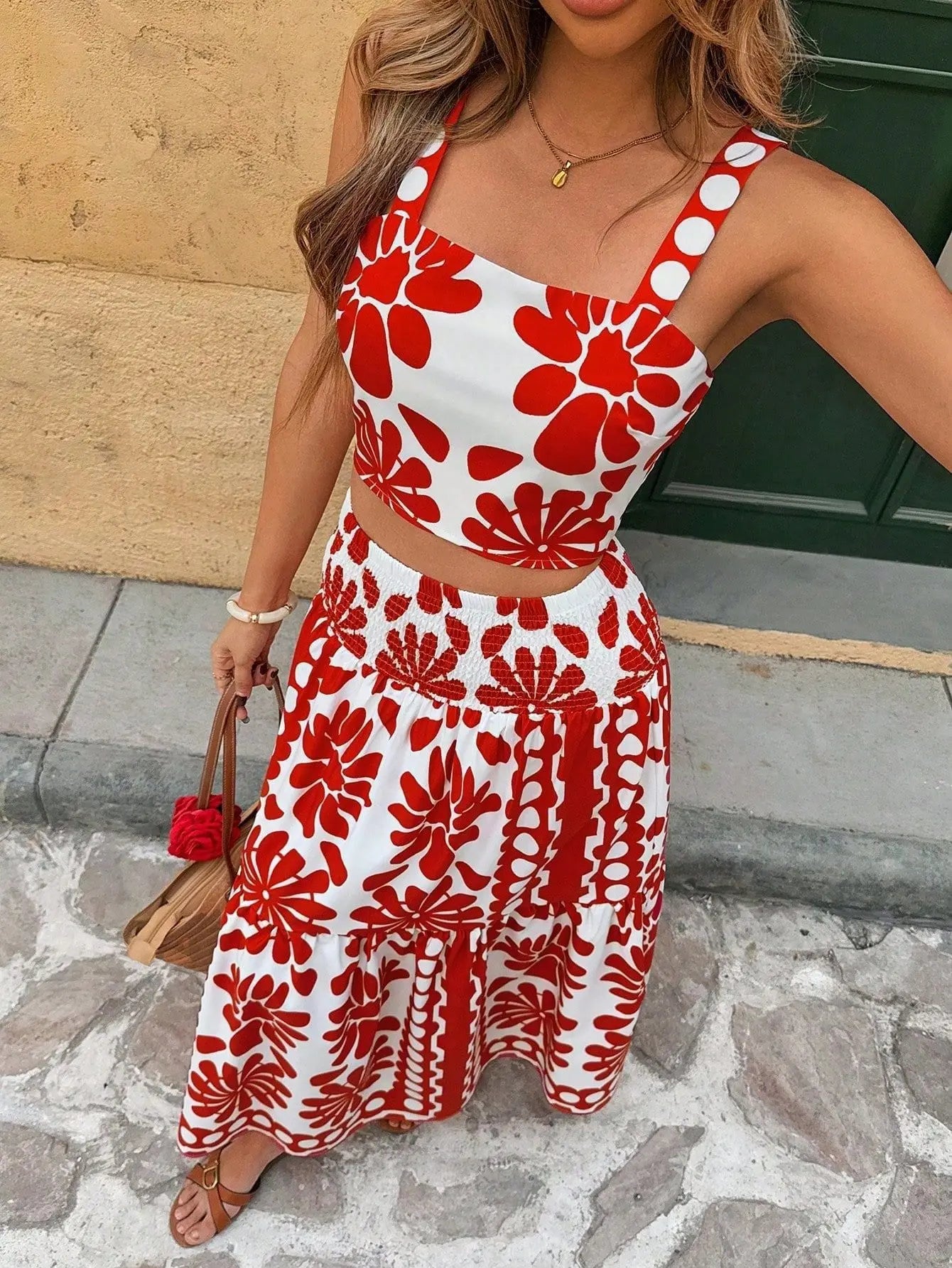 Boho Backless Vintage Print Cami Top And Maxi Skirt Set for Women