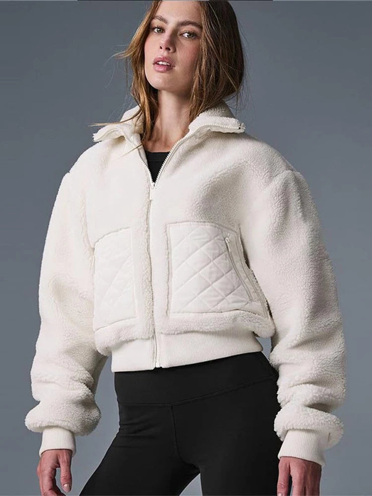 Elegant Lamb Women's Coat Vintage Stand Collar Thicken Full Sleeve Pockets Jacket Female 2025 Autumn Winter Woman Coats Outwears