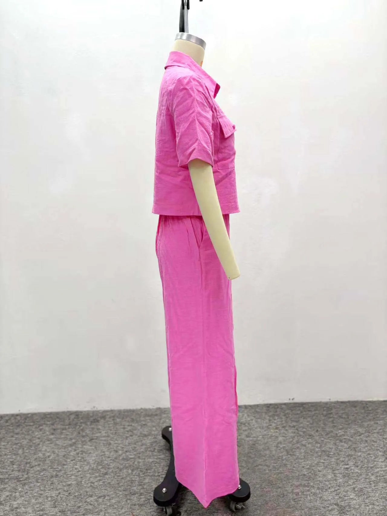 Two Pieces Women Pant Sets Solid Matching Sets Pocket Button Short Sleeve Top Empire Waist Wide Leg Pants Loose Fit 2025 Summer