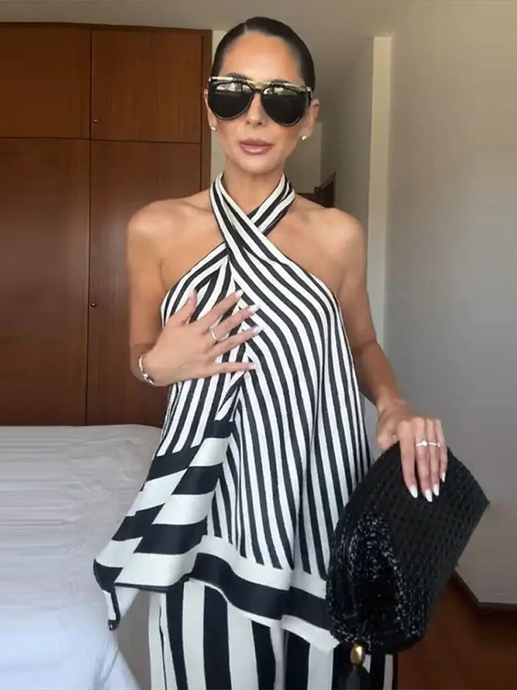 Striped Criss Cross Halter Two Piece Wide Leg Pants Set For Women