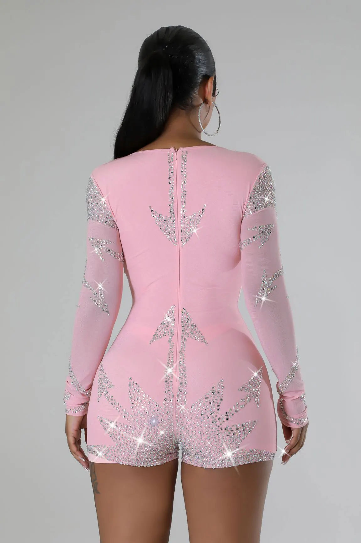 Rhinestone Mesh V Neck Long Sleeve Jumpsuit For Women