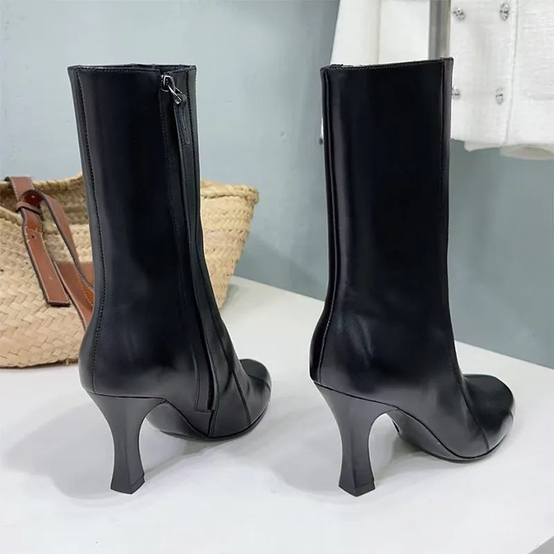 Genuine Leather High Heel Round Toe Mid Calf Boots for Women