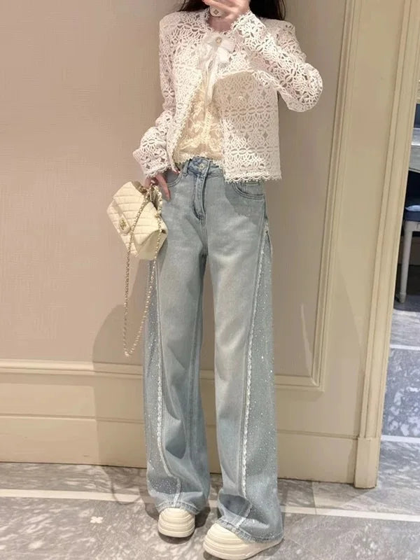 Heavy Rhinestone Embellished Washed Denim Straight Leg Jeans for Women
