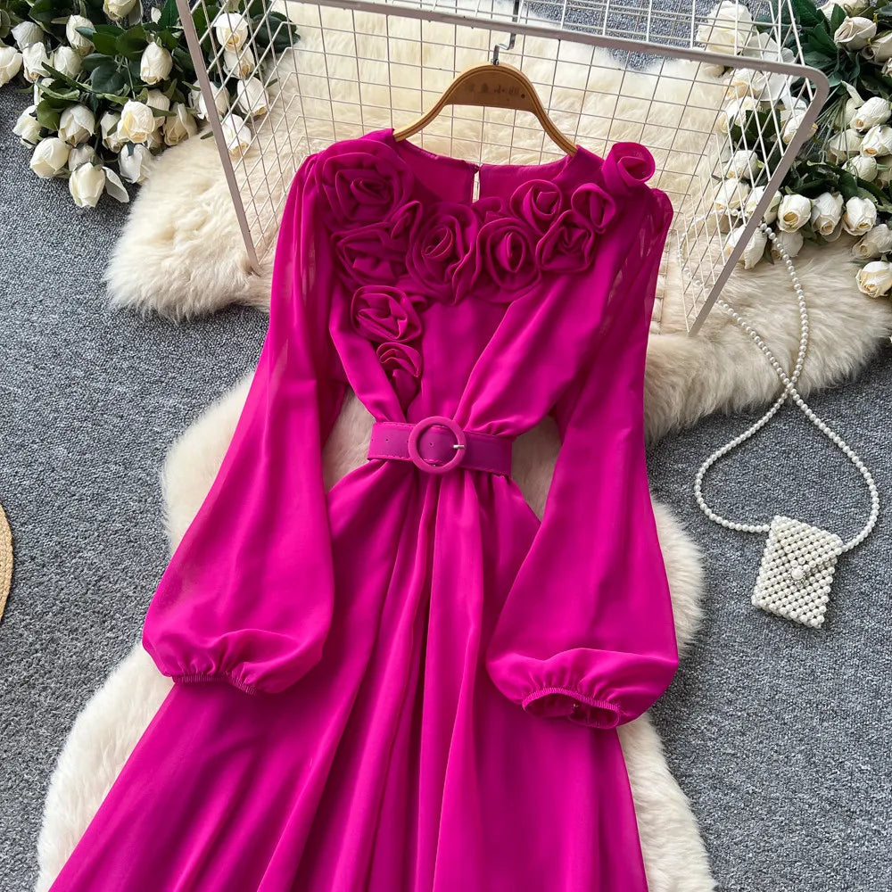 Floral Lace V Neck Long Sleeve A Line Midi Dress for Women